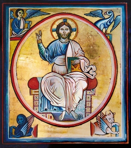 "Christ en majesté" tirée d'une enluminure italienne du XIV ème siècle. Gouache à l'oeuf et dorure à la feuille d'or sur bois.  Dimensions 18,5x21 cm           