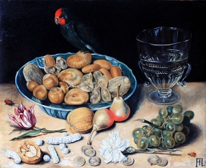 "Natu"Nature morte au perroquet" huile sur bois, technique flamande, reproduction de George  Flegel, début du XVII ème siècle.           