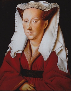 "Portrait de Mme Van Eyck" huile sur bois, technique flamande. Reproduction du tableau de Van Eyck, XV ème siècle. Dimensions  40x50 cm           