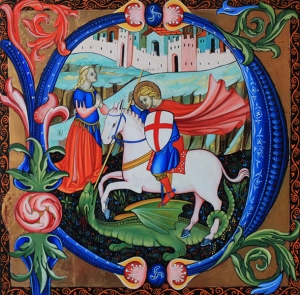 "Saint-Georges et le dragon" gouache à ll’œuf  et dorure à la feuille d'or sur bois           